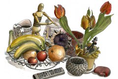 Stillleben-Tulpe-Obstkorb
